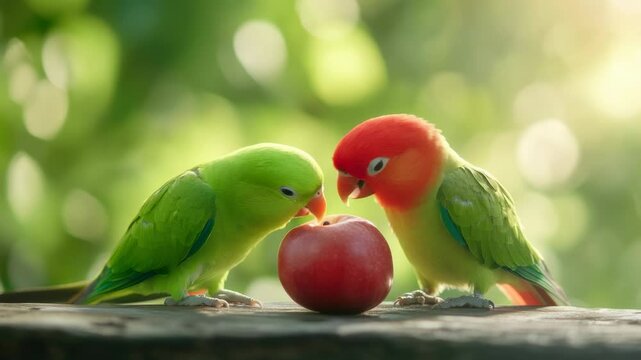Colorful parrots interacting with apple outdoors in vibrant garden setting