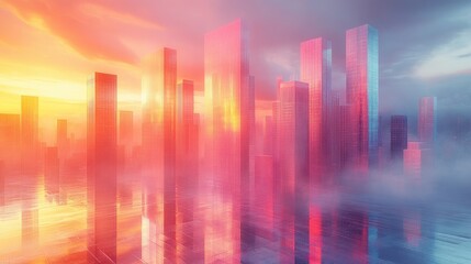 3D Business Chart Illustration with Abstract Pastel Cityscape Minimalist Design