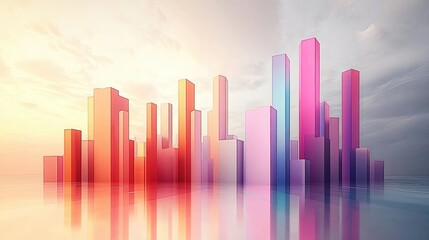 Abstract pastel cityscape with modern 3D business charts and smooth minimalist design