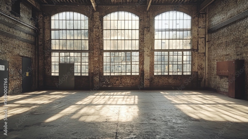 Poster expansive workshop space showcases large windows allowing natural light to pour in, highlighting the