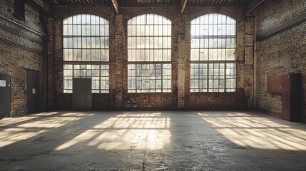 Expansive workshop space showcases large windows allowing natural light to pour in, highlighting the worn textures of brick and concrete. This environment is ripe for collaboration and craftsmanship