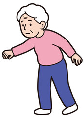 バランスを取って歩くおばあさんの教材風ベクターイラスト(Educational vector illustration of an elderly woman walking while trying to maintain her balance)