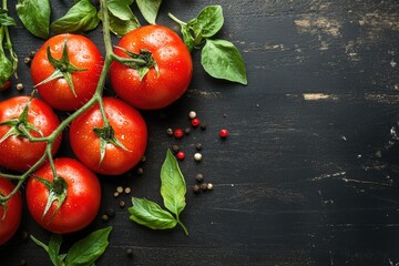 Fresh vine-ripened tomatoes, basil, and peppercorns on dark wood