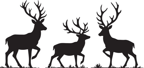 Deer silhouettes set vector collection, black roe deer silhouette icon bundle