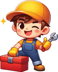 A cartoon handyman character with a cheerful expressiont