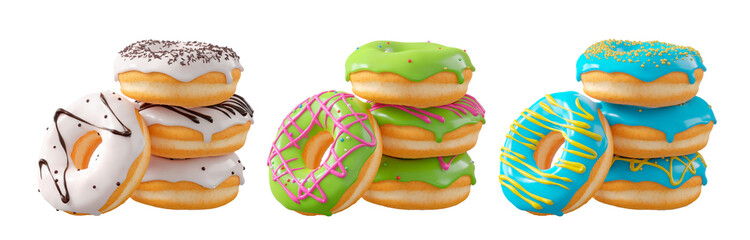 Assorted donuts with colorful icing, sprinkles, and chocolate isolated on white transparent background. 3d rendering and illustration of dessert variety