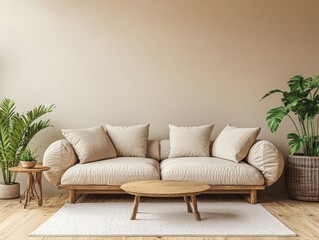 Beige sofa, wooden coffee table, plants, neutral wall, cozy living room