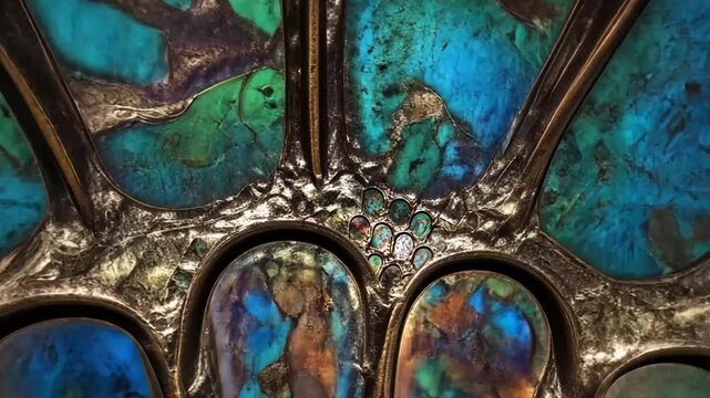 Iridescent opal mosaic art; close-up, textured background; jewelry design