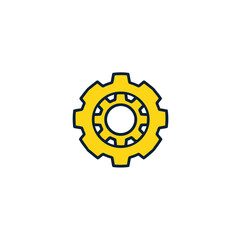 Create a logo a yellow gear icon in flat vector style, a thick black outline on a white background.  The design incorporates geometric shapes and clean lines for a balanced and symmetrical look