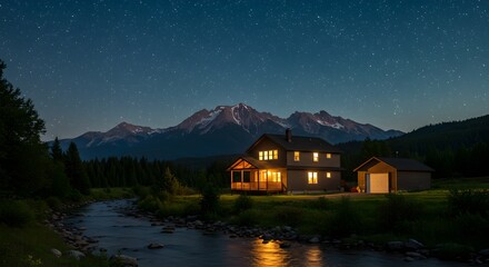 Fototapeta premium A Tranquil Mountain Retreat Under a Starry Sky, with a River View