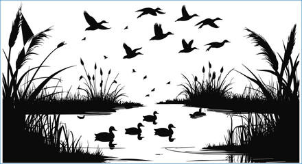 Silhouette Ducks In Flight And Pond Scene With Reeds Graphic