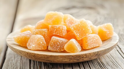 Candied Ginger Pieces on Rustic Wooden Plate   Traditional Asian Spice Snack for Cooking Baking and Wellness