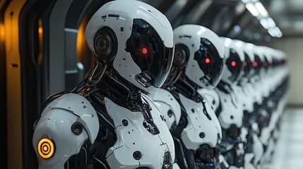 Rows of futuristic robots stand in a line.