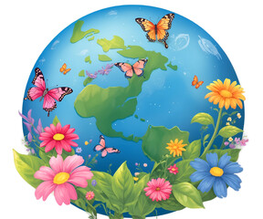 Vibrant Illustration of a Flourishing Globe with Butterflies and Flowers, Symbolizing Environmental Harmony and the Beauty of Nature, Creating a Vision of a Sustainable World