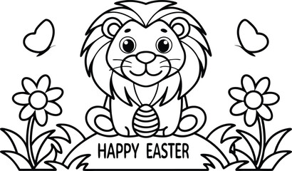 Lion coloring page with egg, flower and butterfly doodles for Easter day outline