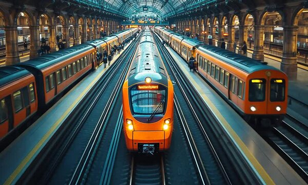Vibrant urban train station scene with commuters, modern trains, and historical architecture