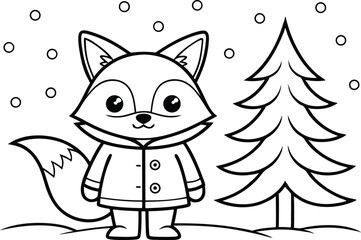 Outlined fox in coat with tree and snow circle doodles on white background