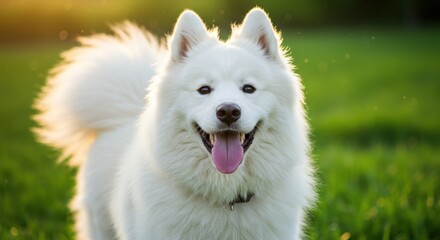 Happy Samoyed Dog in Green Grass