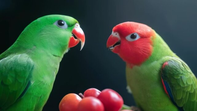 Colorful exotic parrots with tomatoes in natural setting