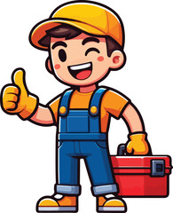 A cartoon handyman character with a cheerful expressiont