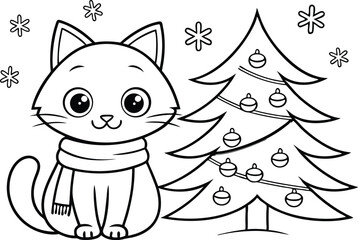 Cartoon Black Outline Cat Wearing Scarf beside Christmas Tree With Balls Ornaments