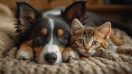 Cute dog and kitten friendship adorable pets lovely animals domestic friends happy puppy tabby cat sweet friends