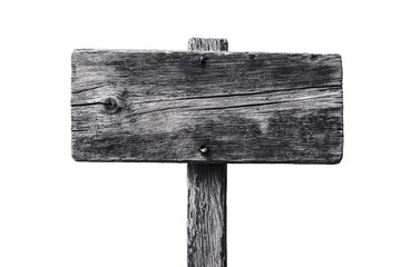 Fototapeta premium A grayscale image of a weathered, empty wooden sign on a post.