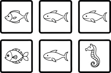 Set of Six Sea Animals Silhouette, Fish and Seahorse Line Drawing in Frames