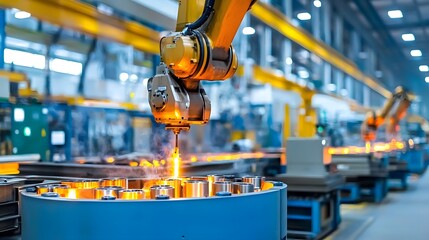 Robotic arm meticulously handling and manipulating molten metal in an automated die casting manufacturing plant  Advanced industrial technology and precision engineering in action