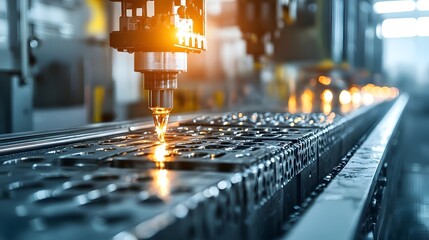 Molten metal being rapidly injected into a precision die casting mold for a high speed automated industrial manufacturing process  Efficient advanced metalworking technology in action