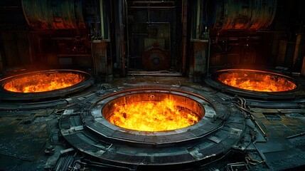 Obraz premium Centrifugal metal casting process with spinning molten alloy material being poured into a mold to form a metallic product in an industrial factory workshop setting