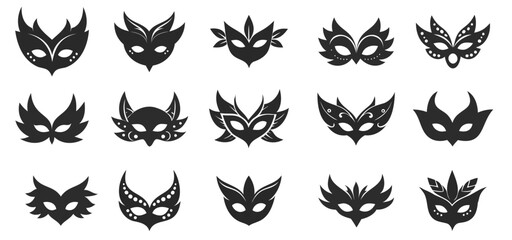 Face mask feathers icons set. Set of carnival masks showing different festive designs for parties and celebrations Vector