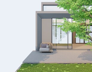 A simple, minimalist backyard with lounge chairs and an empty interior.3d render