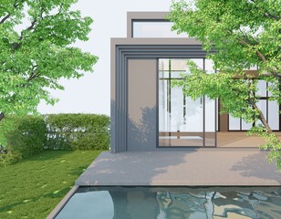 Exterior backyard corner with swimming pool and small lawn beside the house.3d render