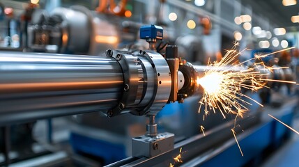 Glowing metal pipe emerging from a rotating industrial mold with sparks flying in a dynamic futuristic industrial scene