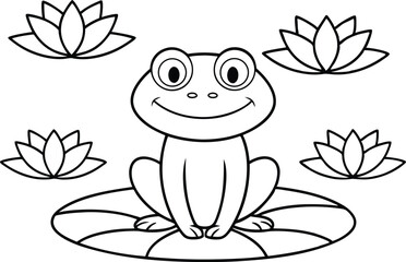 Outlined Cartoon Frog Sitting on Lilypad with Lotus Flowers Transparent BG