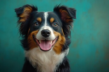 Playful Border Collie Licking Lips Tongue Out on Blue Background