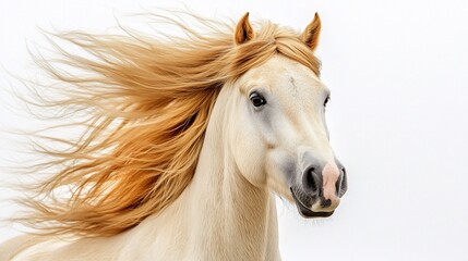 Obraz premium Palomino stallion running, windblown mane, white background, equine portrait