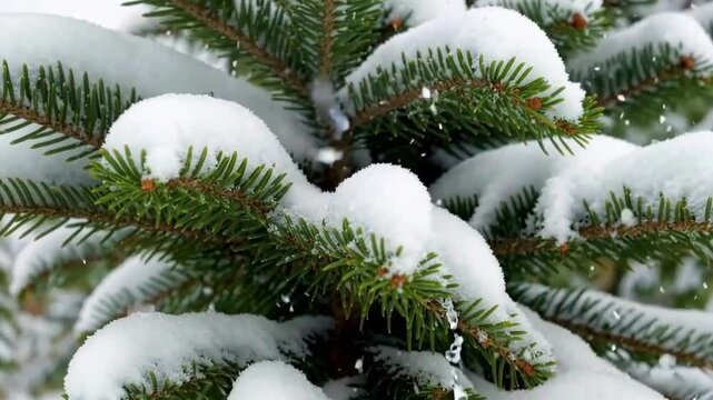 Heavy snow falling from fir tree branch in slow mo. Coniferous snowy tree in winter. Slow motion footage of falling snowflakes. Snowy pine branches close up in December during snowfall.