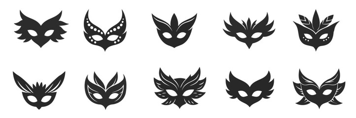 Face mask feathers icons set. Set of carnival masks showing different festive designs for parties and celebrations Vector