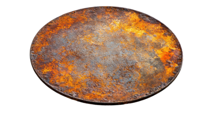 An aged metal plate with rustic texture and color variations. transparent background