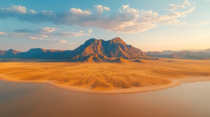 Naklejka premium Aerial desert landscape with mountain and lake at sunset