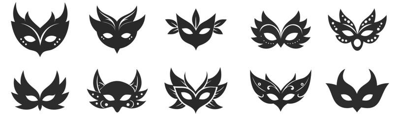 Face mask feathers icons set. Set of carnival masks showing different festive designs for parties and celebrations Vector