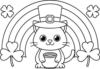 Cartoon Cat with Leprechaun Hat Holding Pot of Gold Rainbow and Clover Outline