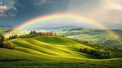 Obraz premium Tuscan Rainbow Landscape: A Serene Vista of Rolling Hills and a Majestic Rainbow Arching Over a Picturesque Farmhouse