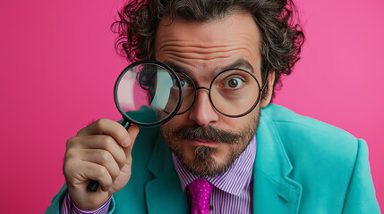 Man with glasses and teal suit lifts magnifying glass and grins playfully on pink backdrop