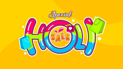 Colorful Holi festival sale banner with shopping bags, bright splashes, and text "Holi Sale 50%" on yellow background. Perfect for seasonal promotions and festive discounts