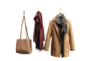A coat rack with two coats and one scarf hanging on it, a handbag hanging from the left of them, on an isolated transparent background