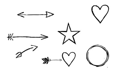 collection of hand drawn doodles featuring arrows, hearts, star, and circle, showcasing playful and artistic style. These sketches can be used for various creative projects