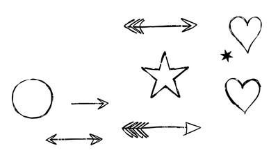 Hand drawn doodles of various shapes including arrows, hearts, star, and circle, showcasing playful and artistic style. These elements can be used for creative projects